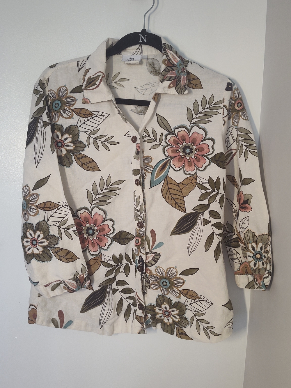Hot Cotton Floral Button-Up Shirt in Cream, Pink, Olive, Teal #581